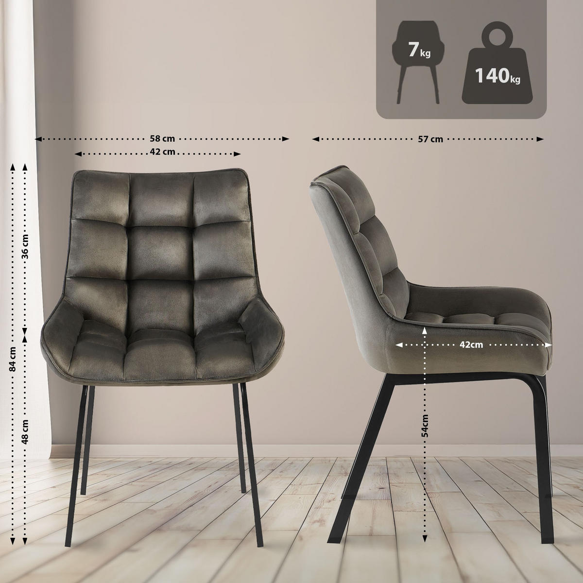 STUHL 2er Set Samt Anthrazit - Anthrazit/Schwarz, Textil/Metall (58/84/57cm) - CLP