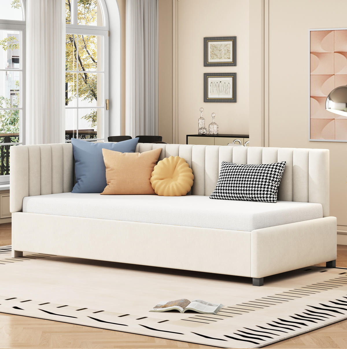 POLSTERBETT 90/200 cm Beige aus Samtstoff mit Lattenrost - Beige, Leder (90/200cm) - OKMYHOME