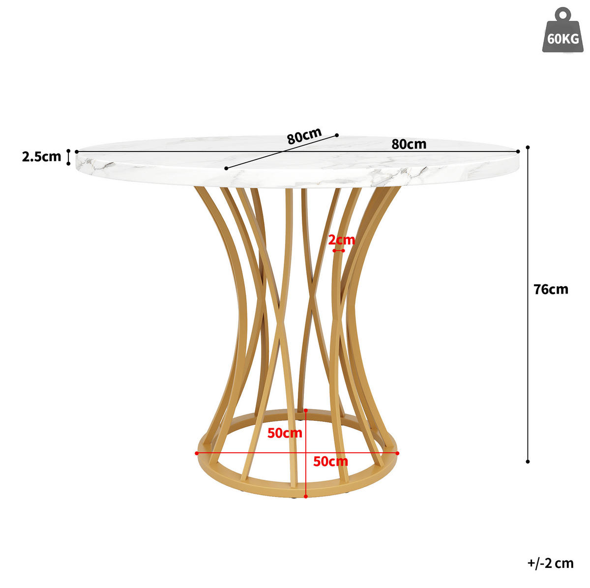 ESSTISCH, MDF-Marmoroptik mit Metallgestell, 80/80/76 cm, Goldfarben - Goldfarben, Holzwerkstoff (80/80/76cm) - Redom