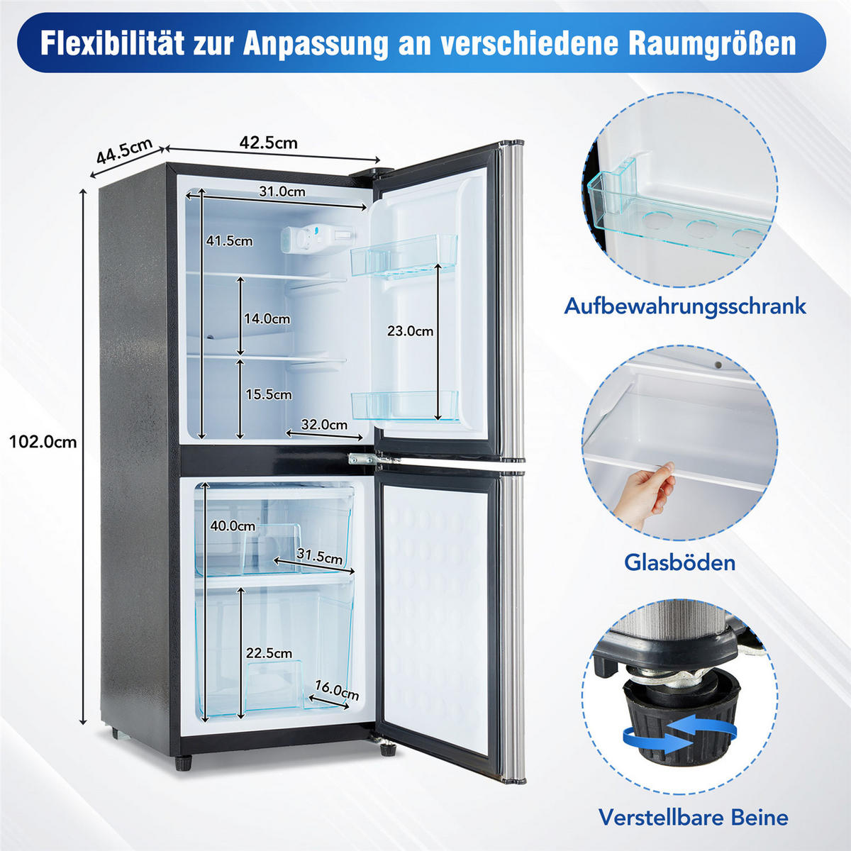 MINIKÜHLSCHRANK 106L (60L+46L) LED Kompressor 7 Stufen Silber/Schwarz - Silberfarben, Metall (42.5/102/44.5cm) - Kaket