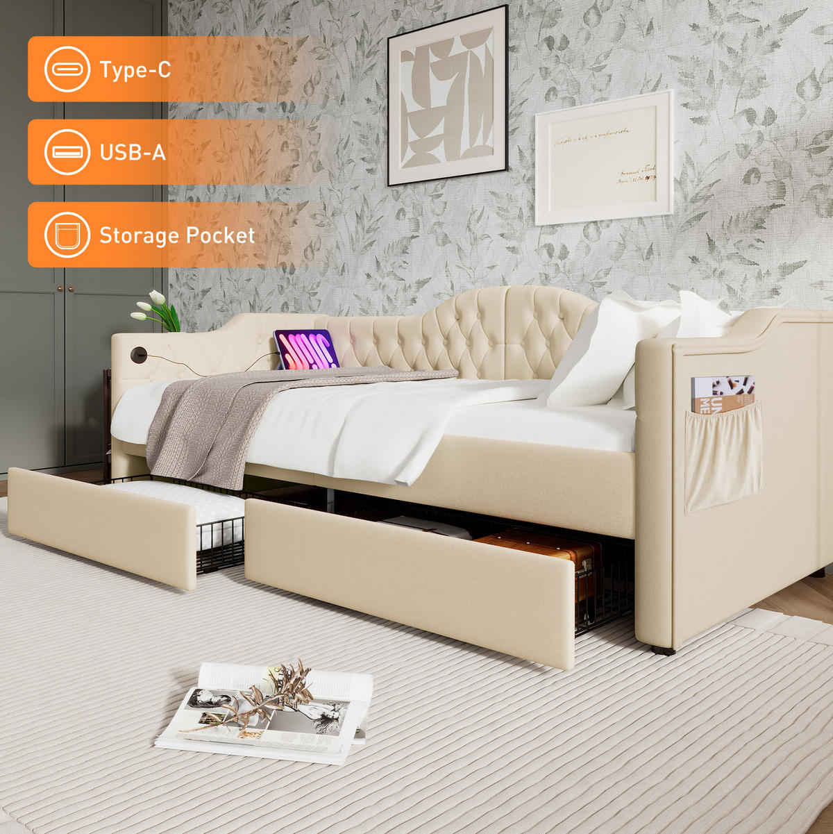 OBLAZINJENA postelja 90/200 cm z USB in priključkom Type-C, 2 predaloma in stranskimi žepi, Bež - bež, tekstil (90/200cm) - Redom