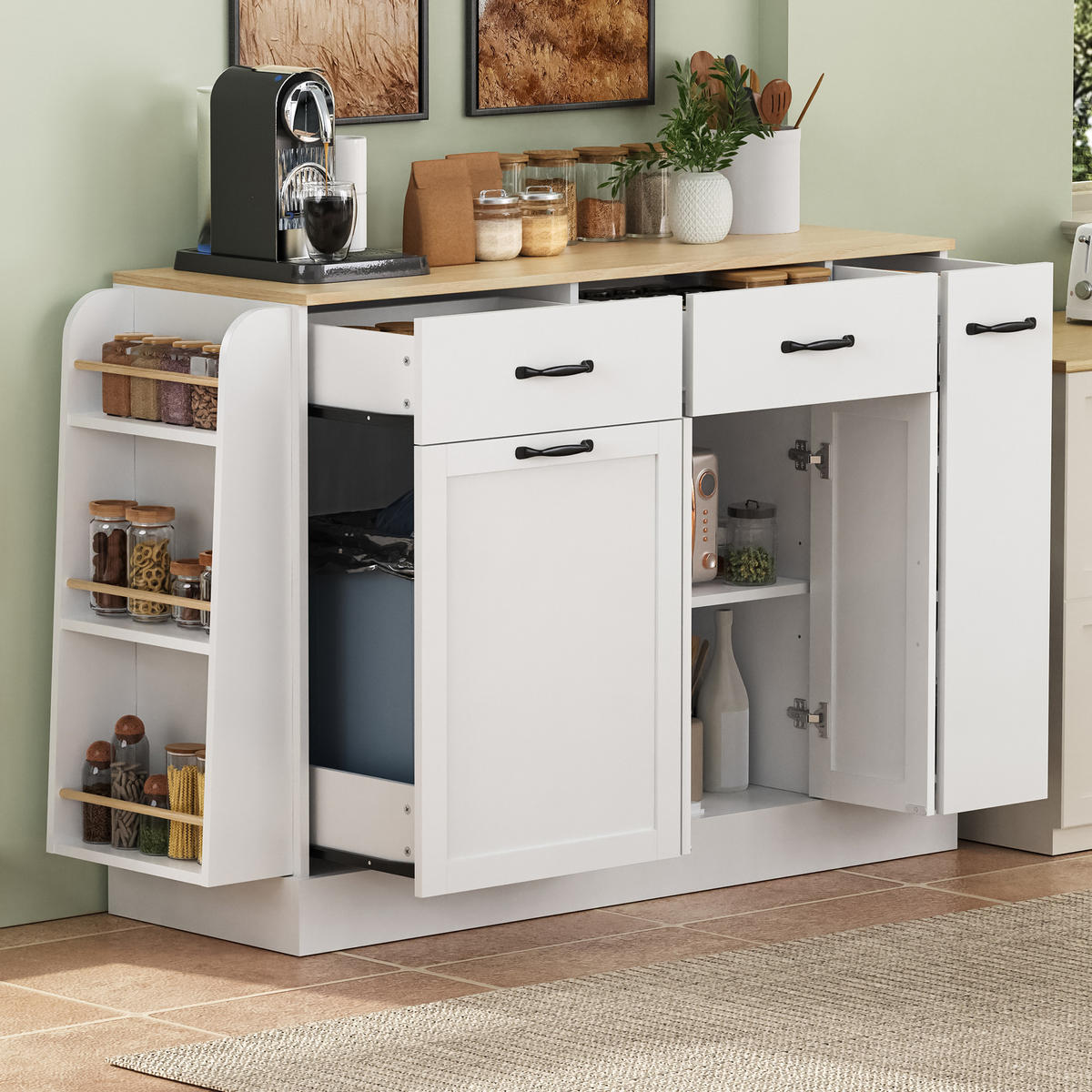 SIDEBOARD mit Abfallfach, Gewürzregal und Schubladen, Weiß - Weiß, Holzwerkstoff (133.5/86/40cm)