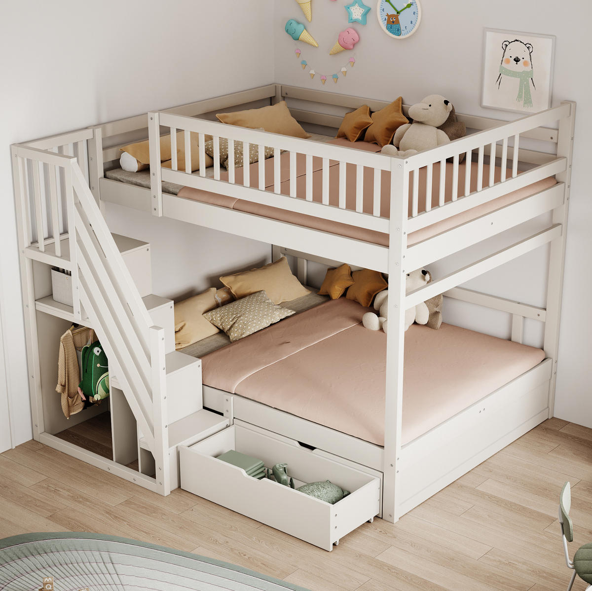 ETAGENBETT 140/200 cm mit Lattenrost, Stauraumtreppe und Schubladen, Weiß - Weiß, Holzwerkstoff (140/200cm) - Redom