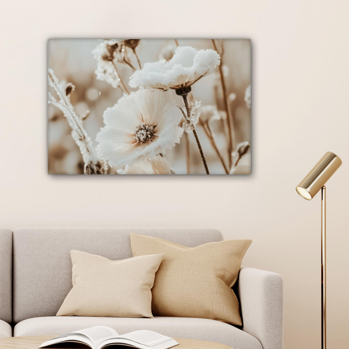 LEINWANDBILD Blumen - Winter - Weiß - Schnee - Beige Wanddeko 90x60 cm - Creme, Textil (90/60cm) - MuchoWow