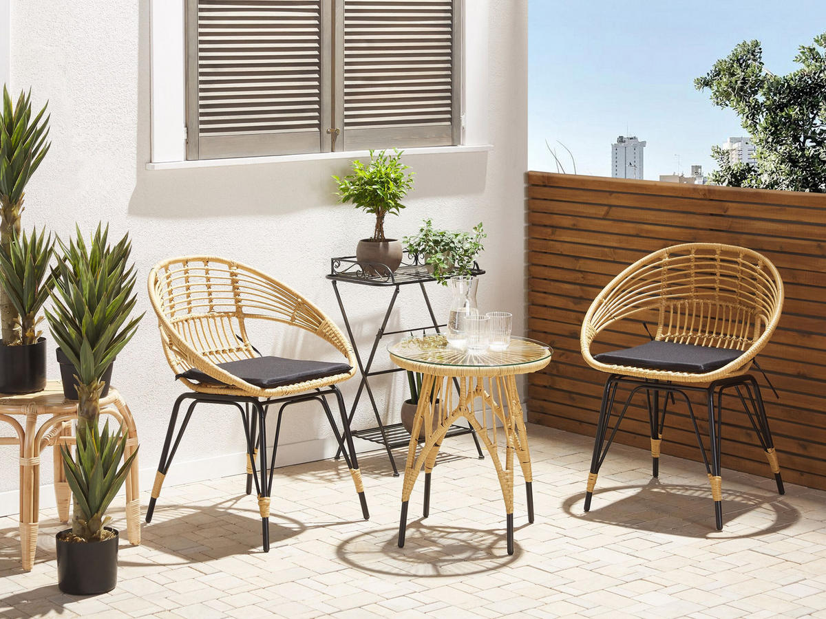 BALKONSET 2-Sitzer Rattan natürlich Auflagen schwarz Pellaro - Beige/Schwarz, Kunststoff/Textil - Beliani