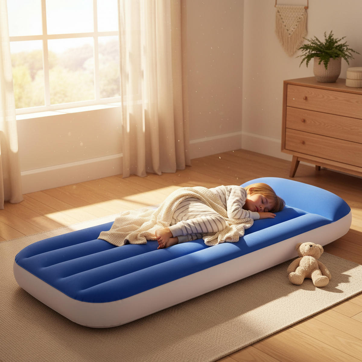 LUFTBETT Luftmatratze Camping Kinder 157 x 66 x 23 cm blau aufblasbar ohne Pumpe - Blau, Kunststoff (66/157cm) - Avenli