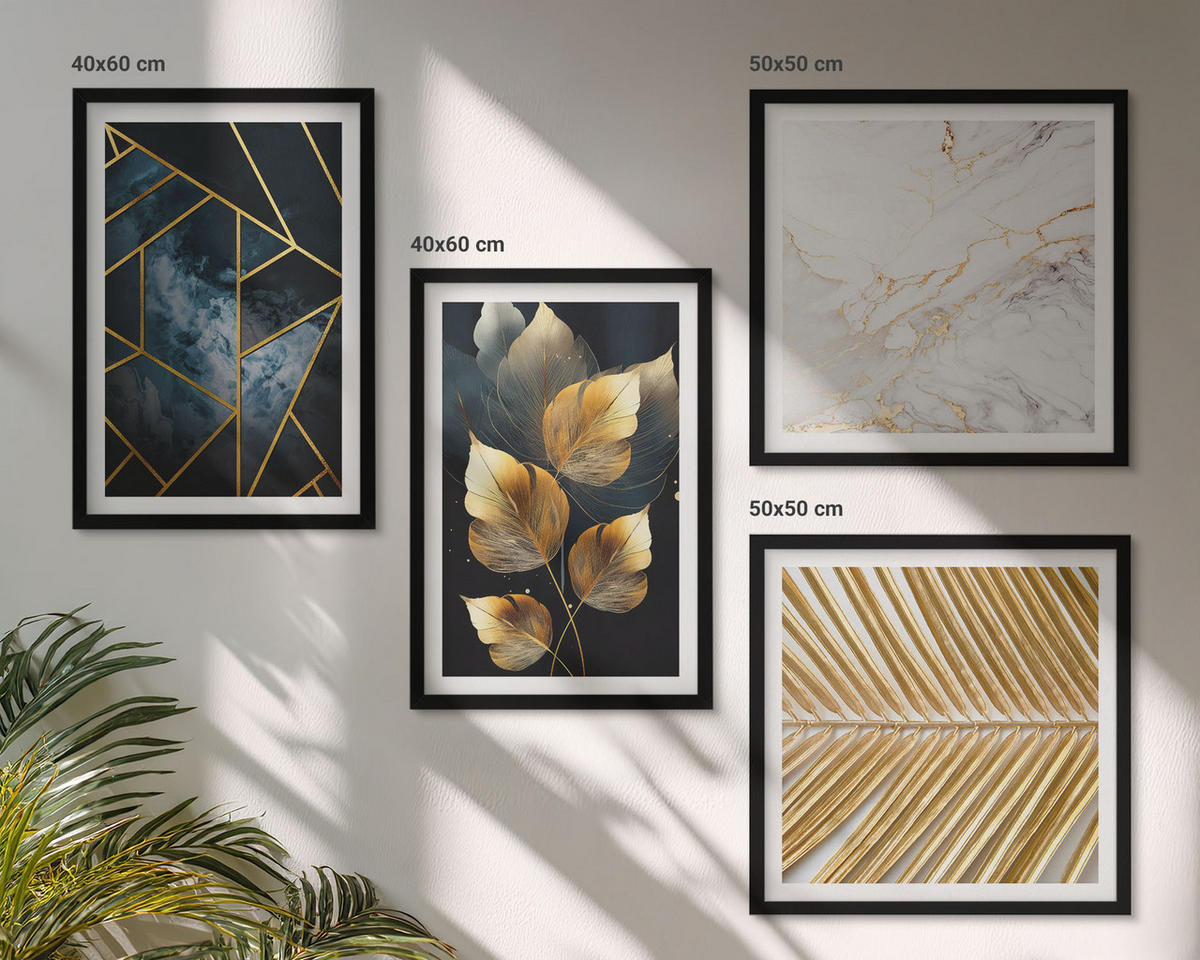 BILDER SET 4er Set - 50x50 cm & 40x60 cm Schwarzer Rahmen - Moderne Pflanzenmuster - Schwarz, Kunststoff (50/50cm) - TULUP