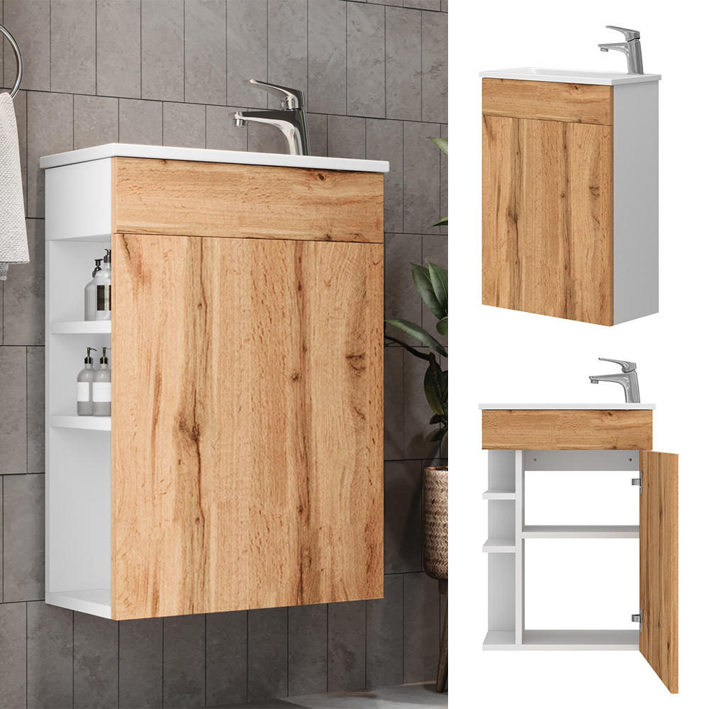 WASCHTISCHKOMBI Amadeo, Goldkraft Eiche/Weiß, 2 Teile, mit Waschbecken - Honigeiche, Holzwerkstoff (50/70/25cm) - Vicco
