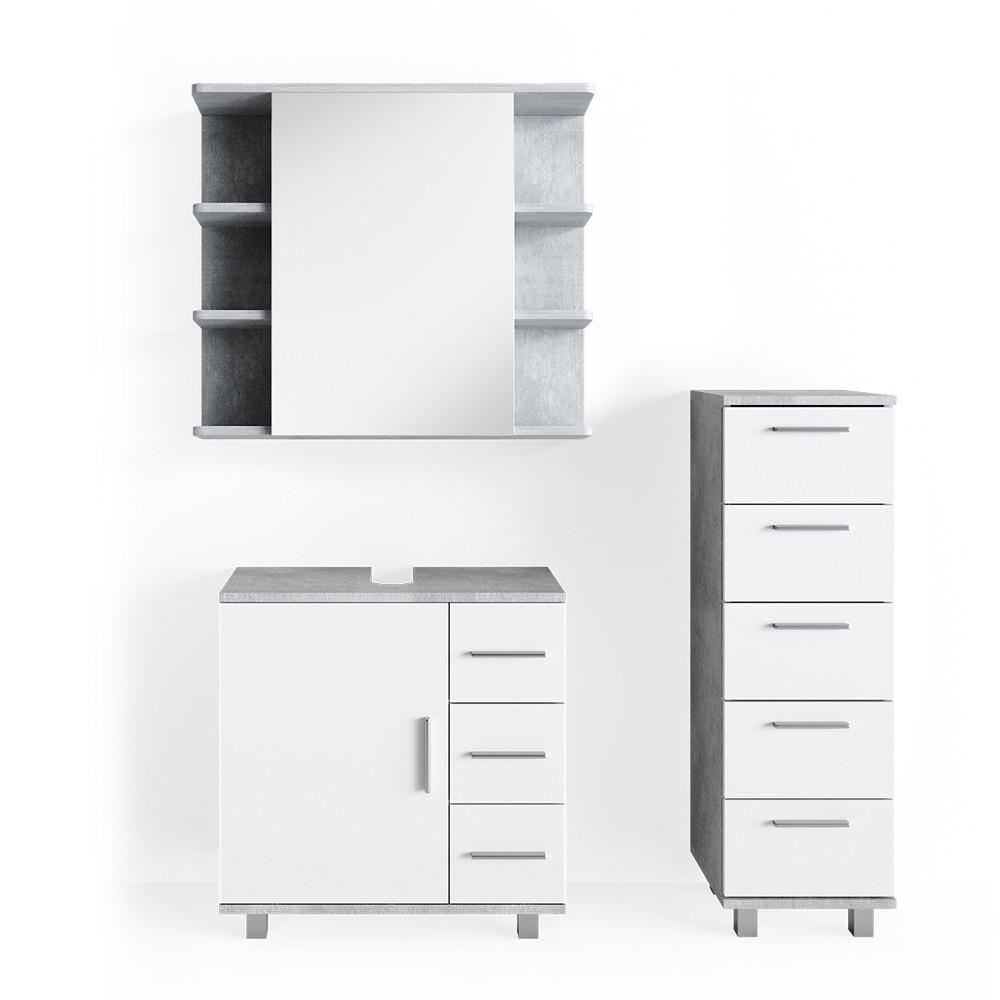 BADMÖBEL-SET Ilias Beton 3 Teile, mit Midischrank - Weiß/Grau, Holzwerkstoff (60/60.8/33cm) - Vicco
