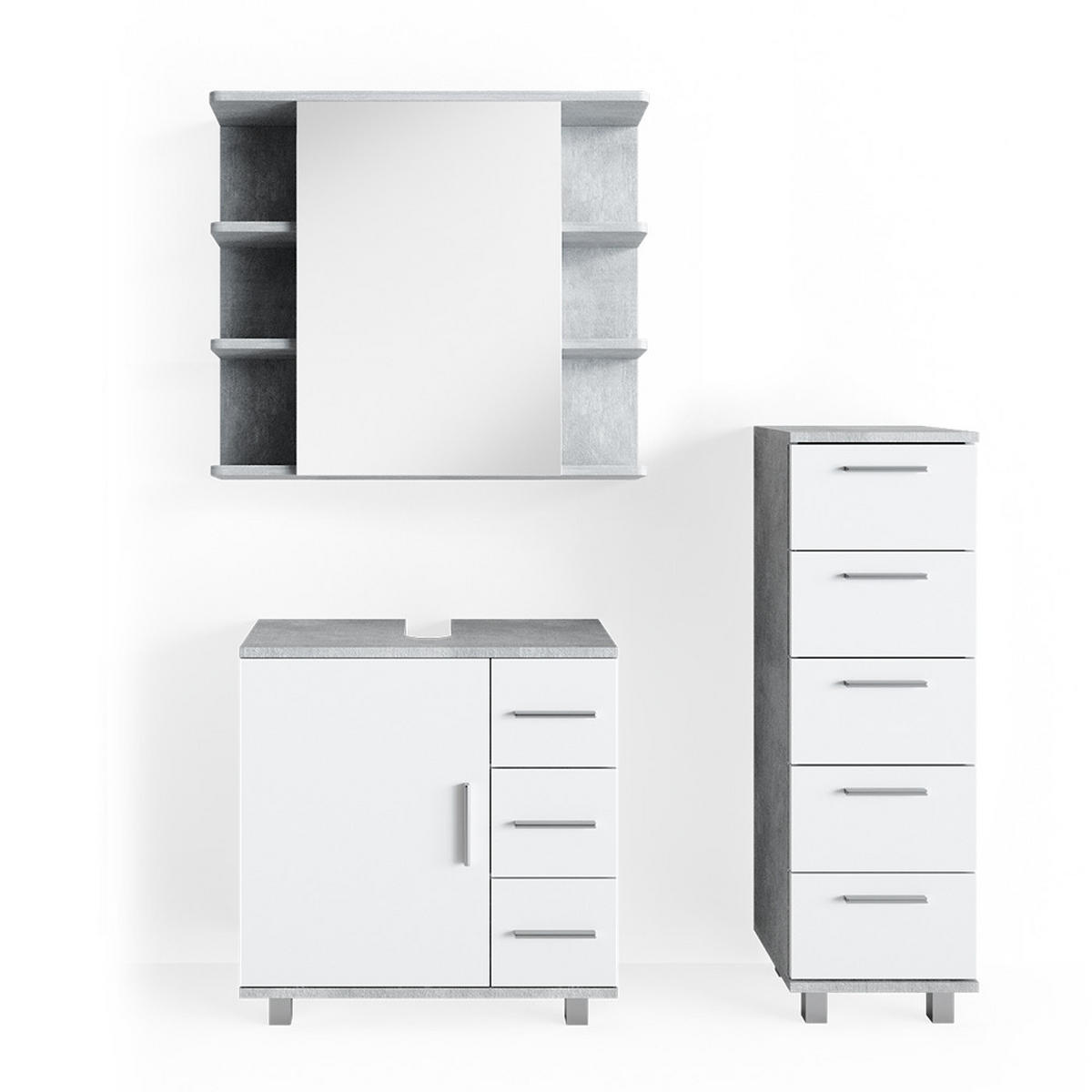 BADMÖBEL-SET Ilias Beton 3 Teile, mit Midischrank - Weiß/Grau, Holzwerkstoff (60/60.8/33cm) - Vicco