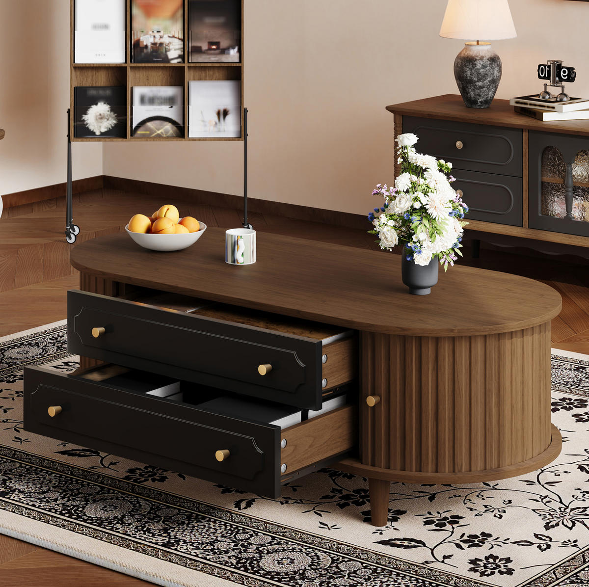 COUCHTISCH mit 2 Schubladen und 2 Rolltüren 100 x 50 cm Walnussoptik Schwarz - Braun, Holzwerkstoff (100/50/36cm) - Meubliv