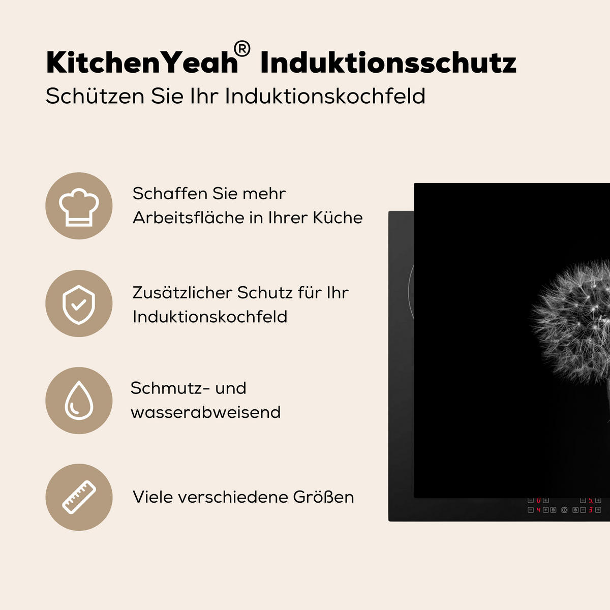 HERDABDECKPLATTE Löwenzahn - Schwarz - Floral - Botanisch 65x52 cm - Grau, Kunststoff (65/0.2/52cm) - MuchoWow