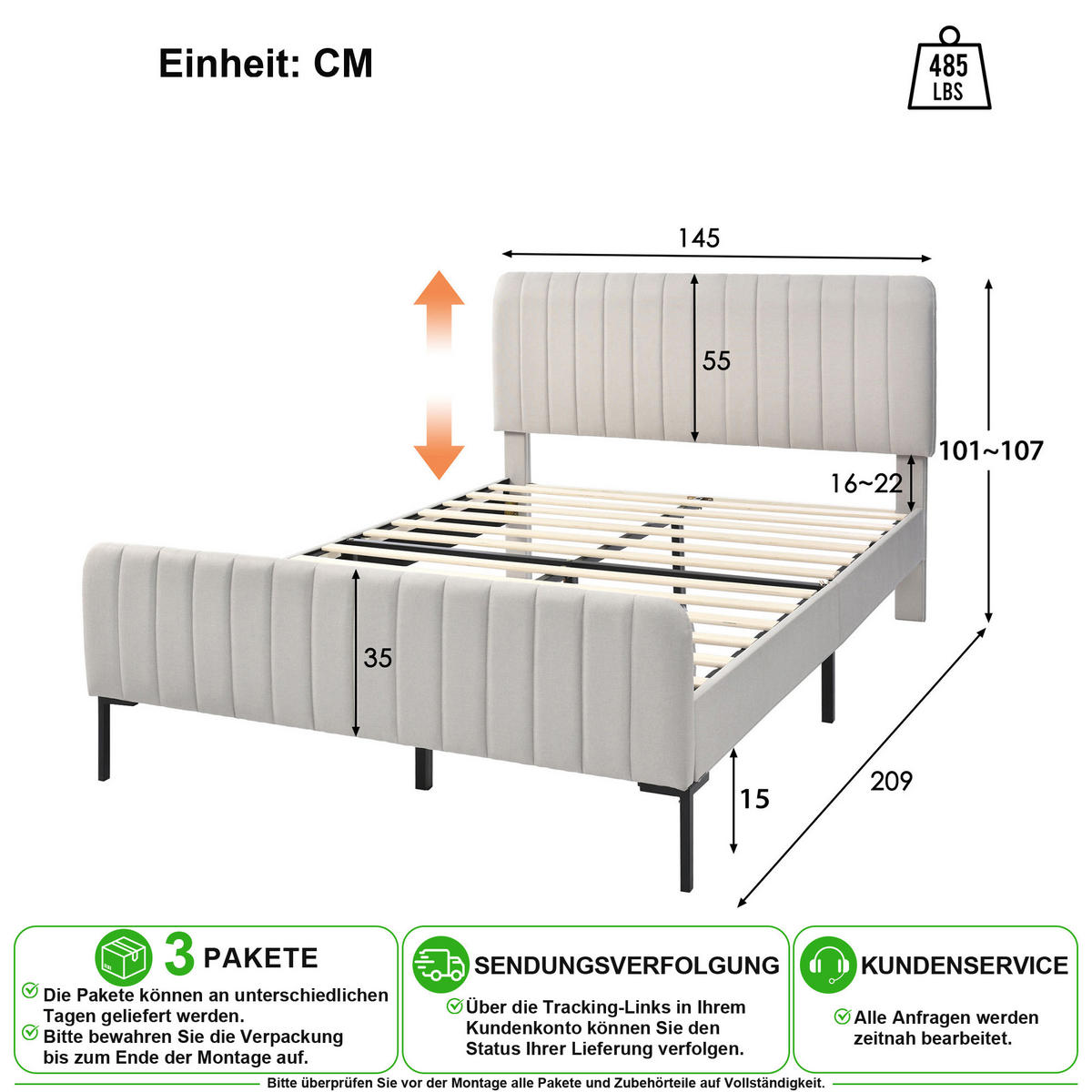 ČALOUNĚNÁ POSTEL 140/200 cm v šedo-béžové barvě s matrací a nastavitelným čelem - béžová, kov/kompozitní dřevo (140/200cm) - CHICFURN