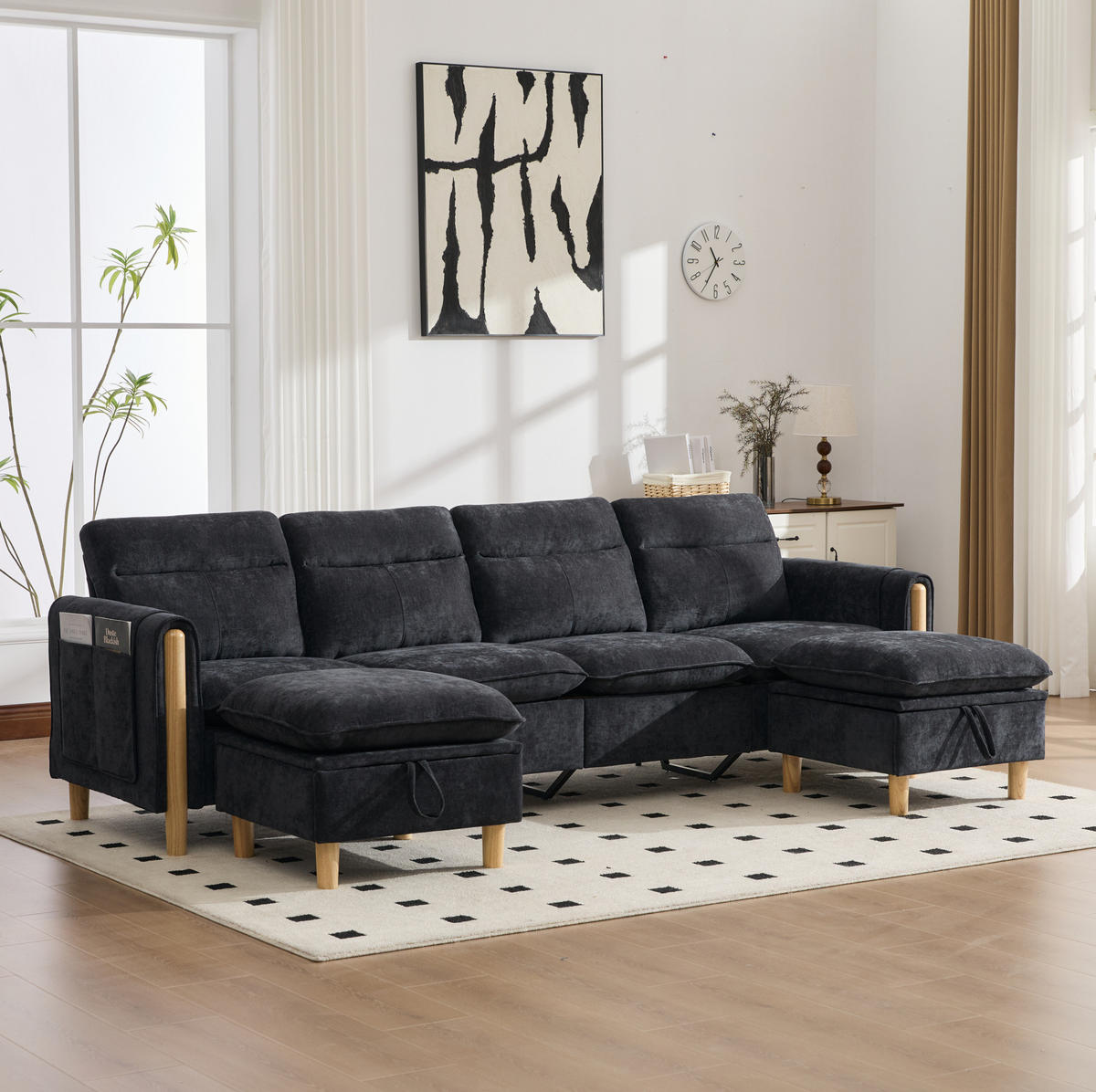 SOFA 261/77/86 cm in Schwarz aus Chenille mit 2 Hockern und Stauraum - Schwarz, Textil (77/86/261cm) - Flora Grace