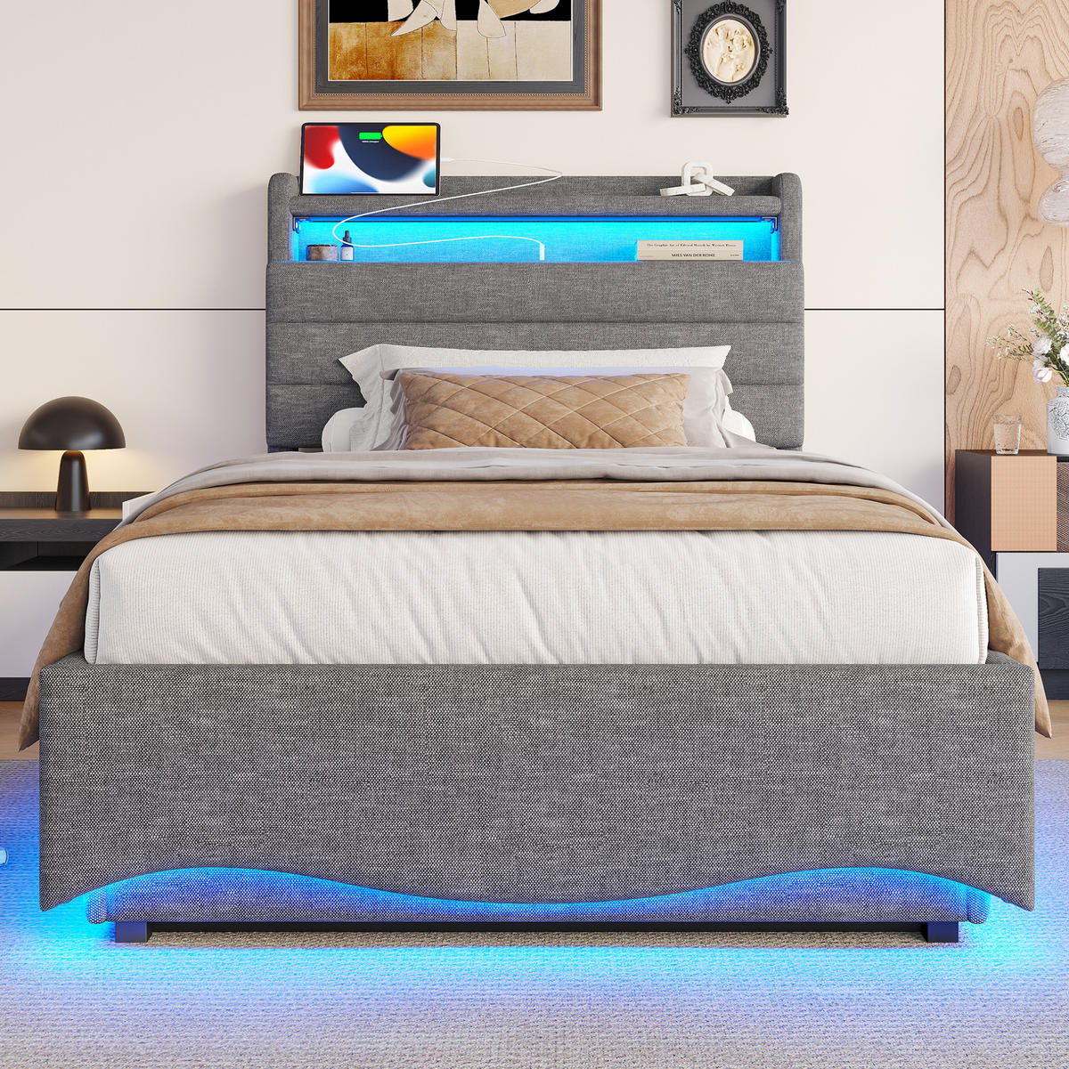 ČALÚNENÁ posteľ z ľanu, 90/200 cm sivá, s LED osvetlením a hydraulickým úložným priestorom - sivá, textil (90/200cm) - BEAOK