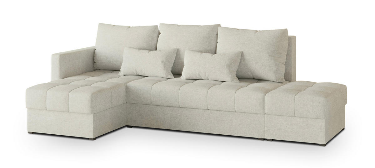 ECKSOFA LUMARI L-S Creme Plüsch-Stoff mit Schlaffunktion - Creme, Holz (261/143cm) - MASSENO