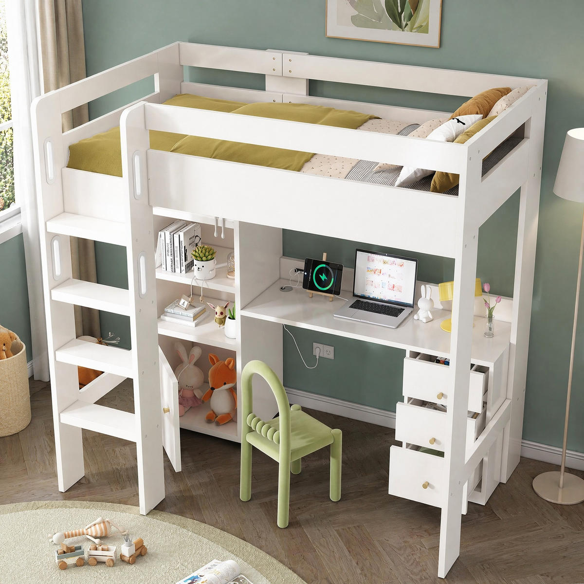 HOCHBETT 90/200 cm Weiß aus MDF, Spanplatte und Massivholz mit Schreibtisch und Stauraum - Weiß, Holzwerkstoff (90/200cm) - OKMYHOME