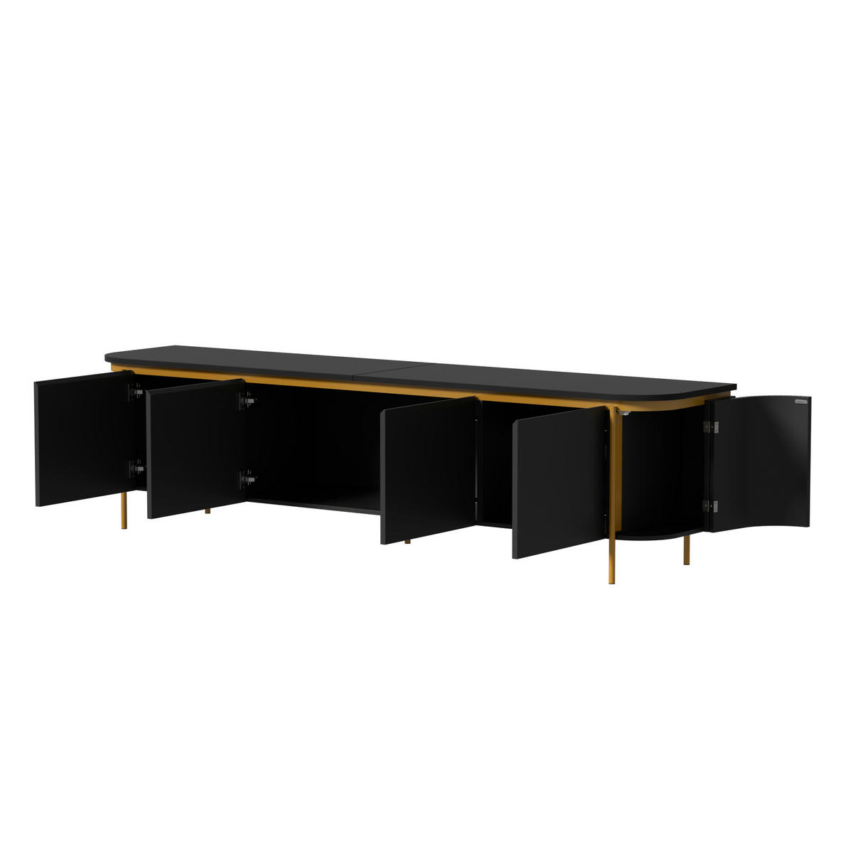 TV-LOWBOARD 180cm MDF Riffel-Optik 6 Türen Gold-Details - Schwarz, Holzwerkstoff (180/46/38cm) - Urban Meuble