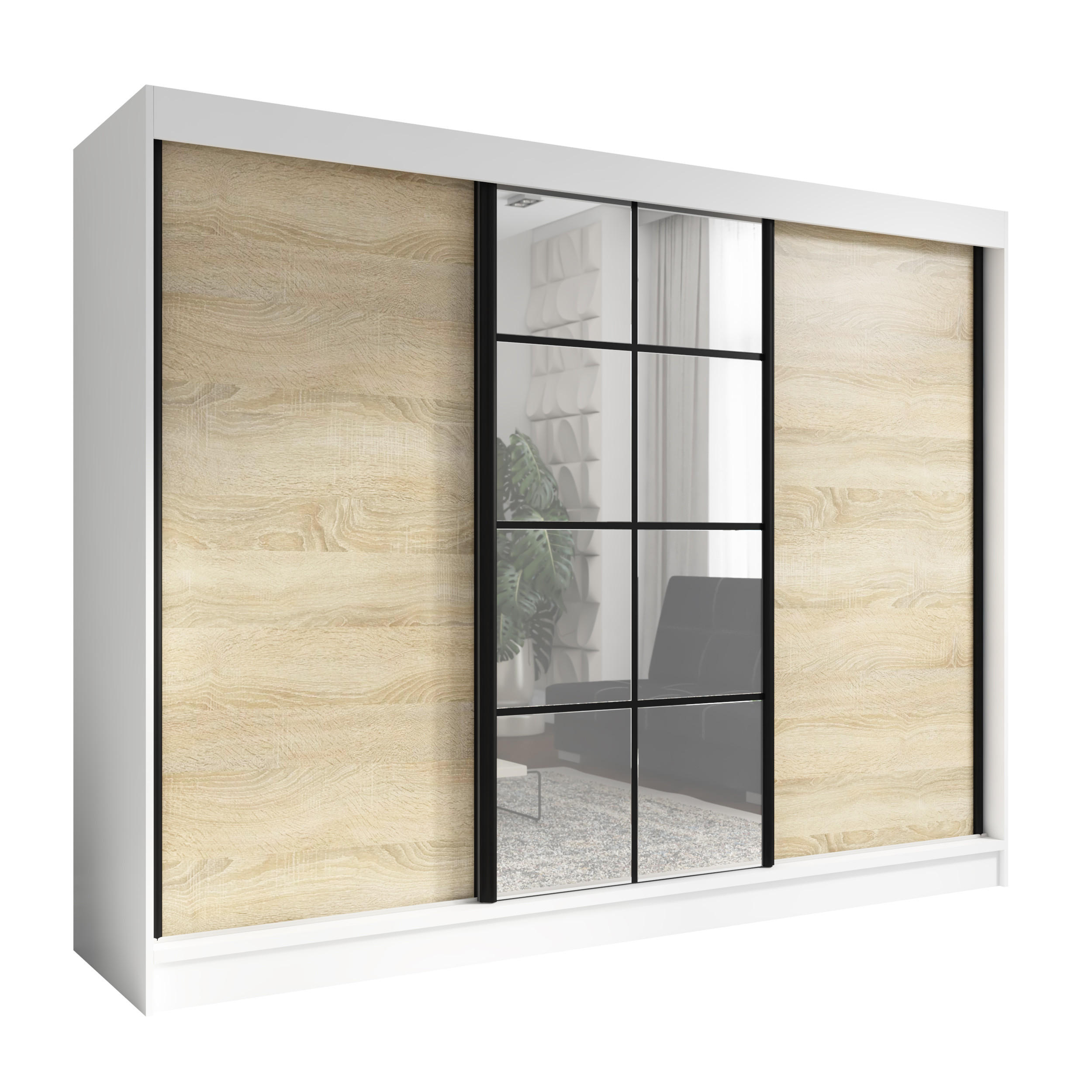 A&J MöbelLand Schwebetürenschrank Weiß, Braun 200x215x59.5 cm