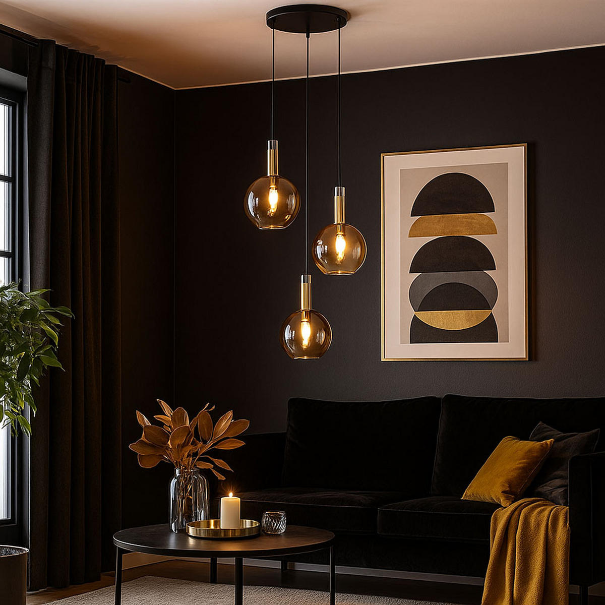 LED HÄNGELEUCHTE Marinella Messing Schwarz 3-flammig - Messingfarben, Glas (51/51/150cm) - Globo Lighting