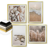 WANDBILDER 4er Set - 50x50 cm & 40x60 cm Goldrahmen - Strandgras, Wellen, Steine, Boho-Stil - Goldfarben, Kunststoff (50/50cm) - ArtPrintCave