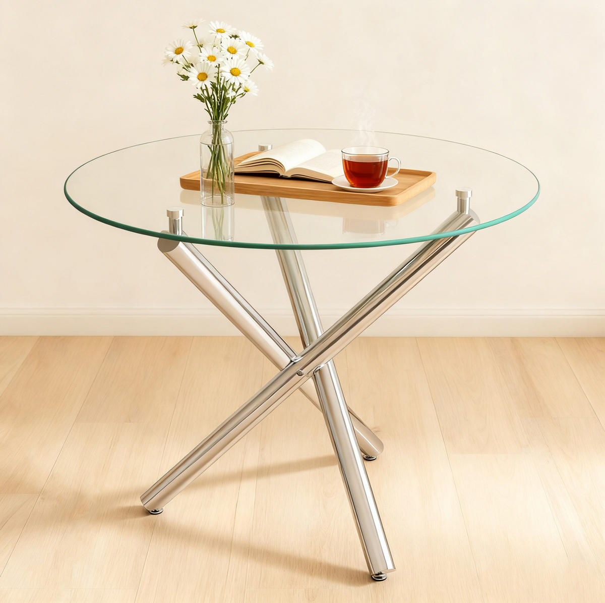 ESSTISCH 80/80/76 cm mit Tischplatte aus gehärtetem Glas und Kreuzgestell, Silber - Silberfarben, Metall (80/80/76cm) - Redom