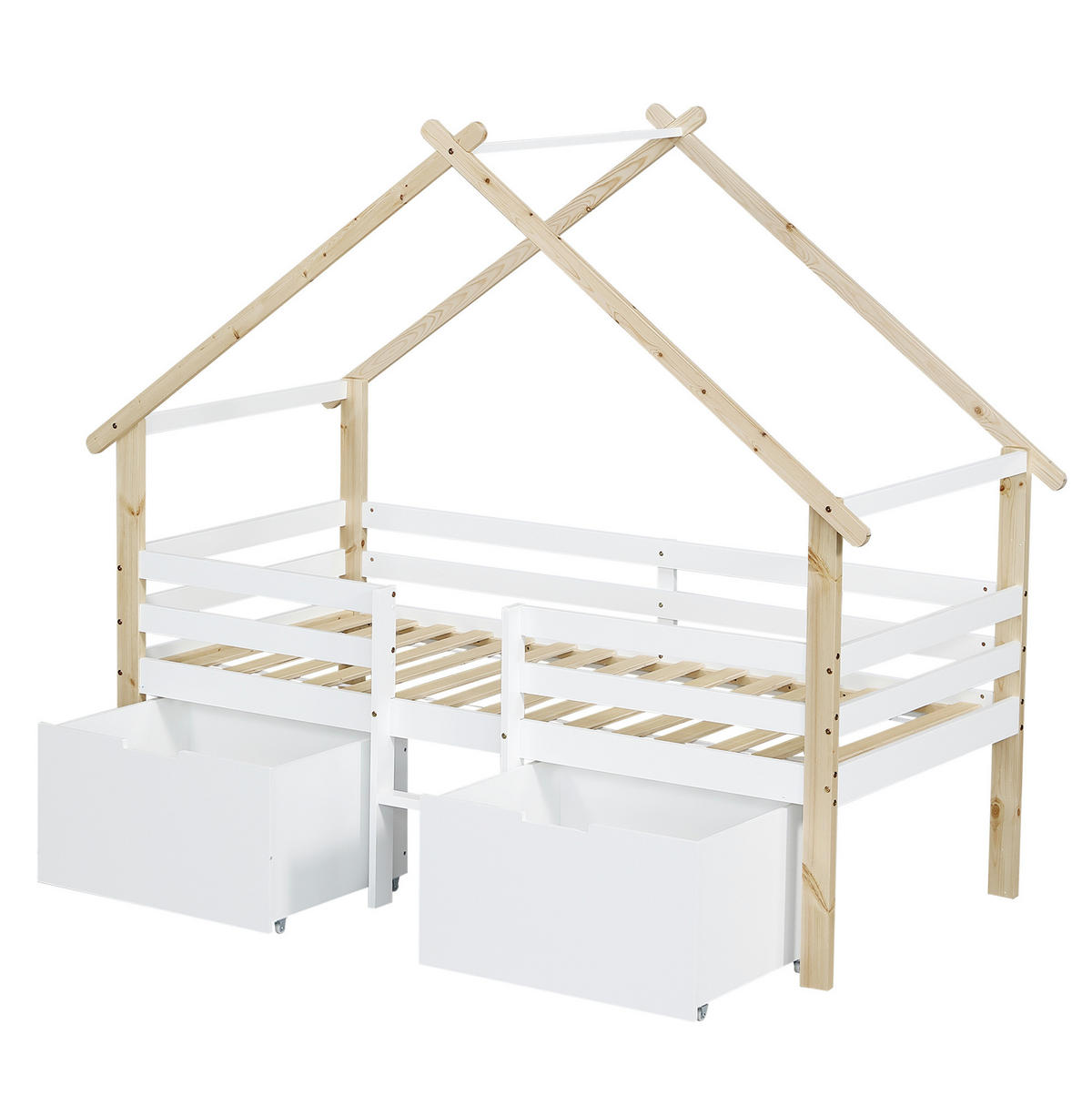 HAUSBETT 90/200 cm in Weiß/Natur – halbhoch mit Dach, Treppe und 2 Schließfächern - Weiß, Holzwerkstoff (90/200cm) - BEAOK