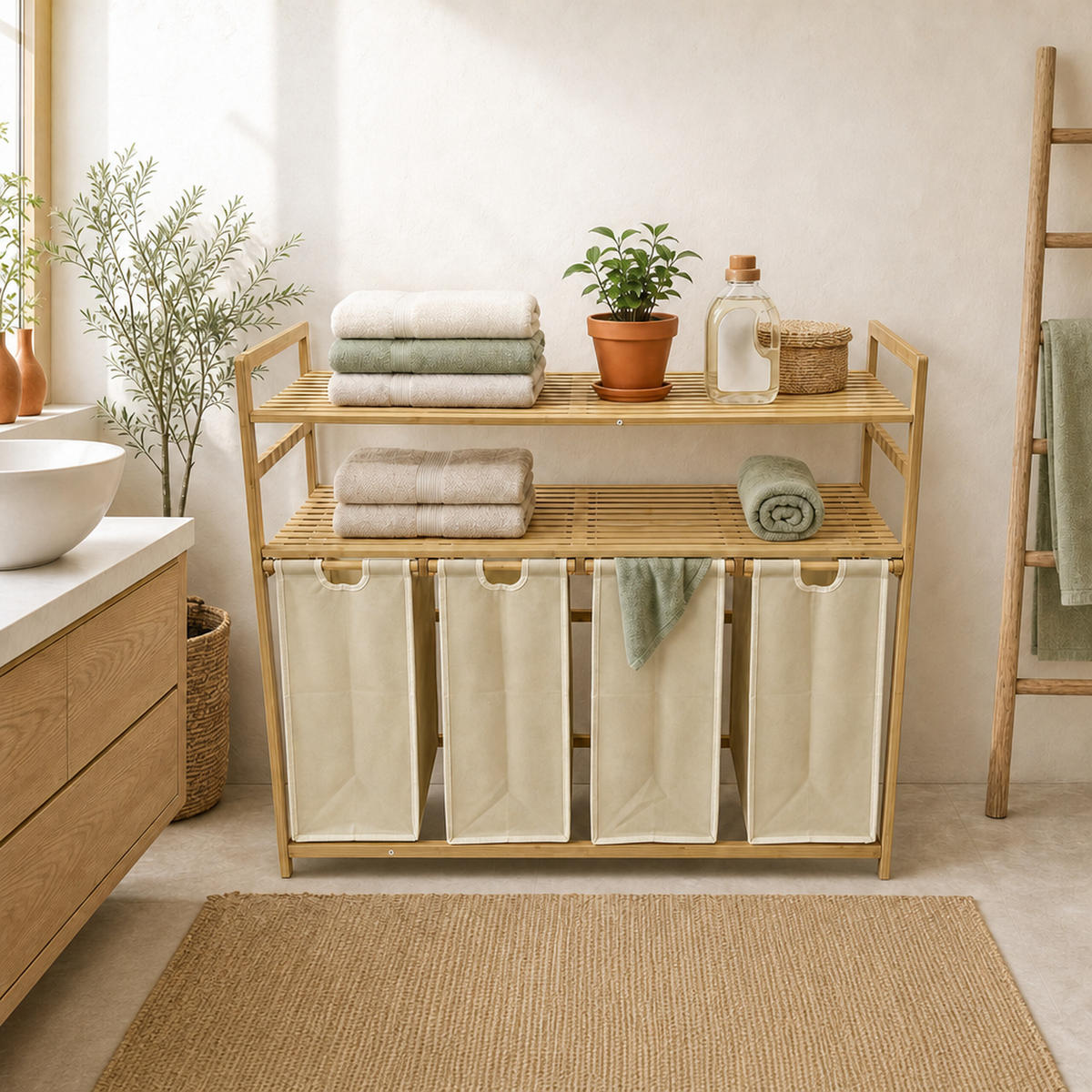 WÄSCHESAMMLER Natur-Beige 4er-Set Bambus - Multicolor, Holz/Textil (103/100/41.5cm) - Relaxdays