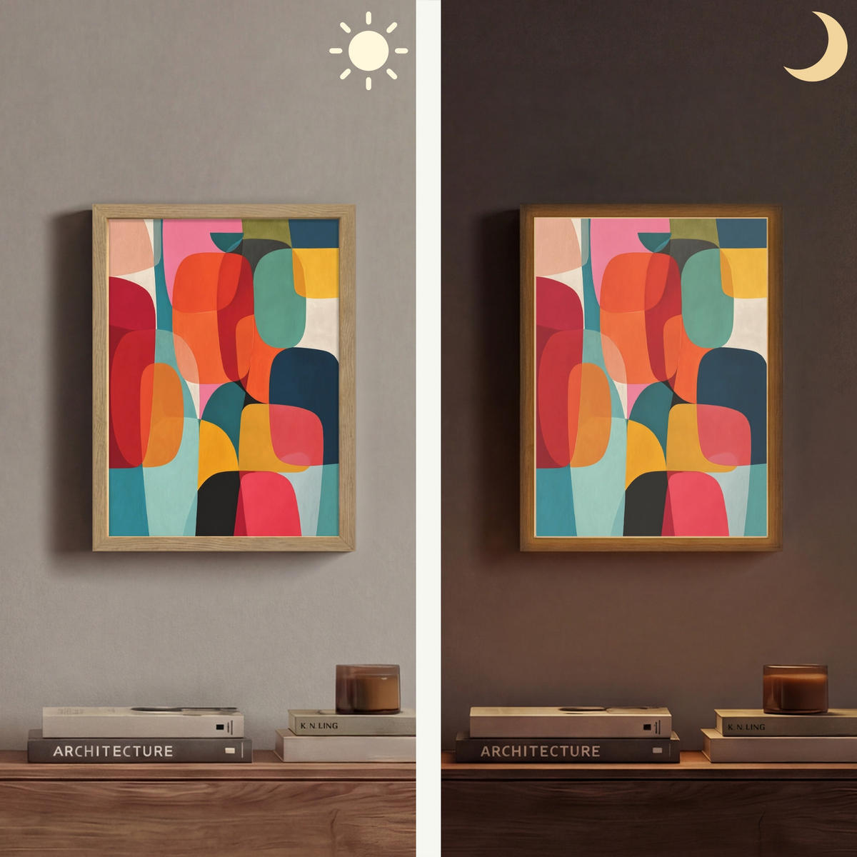 NÁSTĚNNÁ LAMPA S AKUMULÁTOREM Tvary - barevné - abstraktní - letadla 30x40 cm - různobarevná, kompozitní dřevo (30/40/8cm) - OnlyWow