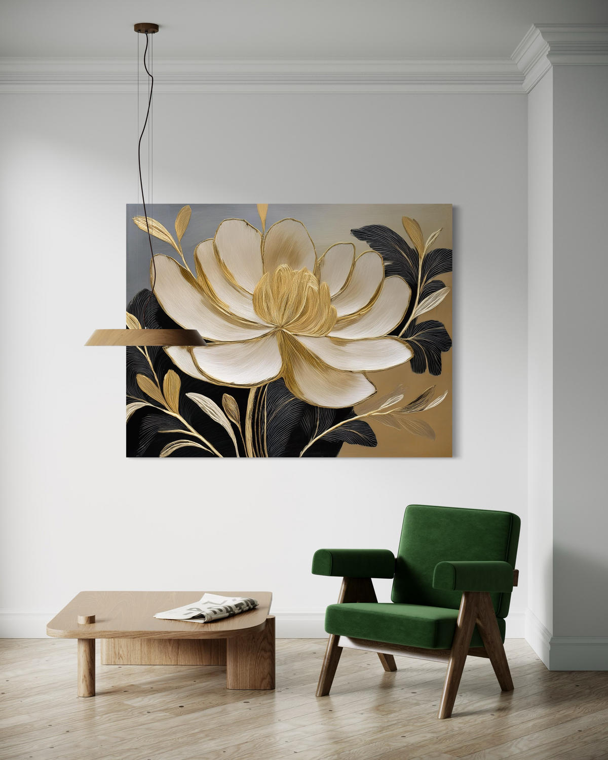 WANDBILD blume gold minimalismus - Beige, Textil (60/40cm) - Feeby