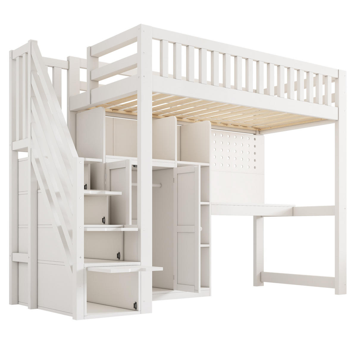 HOCHBETT 90/200 cm in Weiß mit Schreibtisch, Schrank und Lattenrost - Weiß, Holzwerkstoff (90/200cm) - BEAOK
