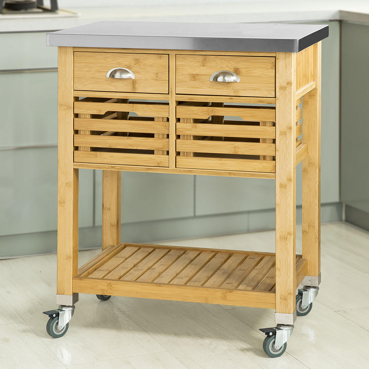 KÜCHENWAGEN Bambus Edelstahl - Naturfarben, Holzwerkstoff (73/93/46cm) - SoBuy