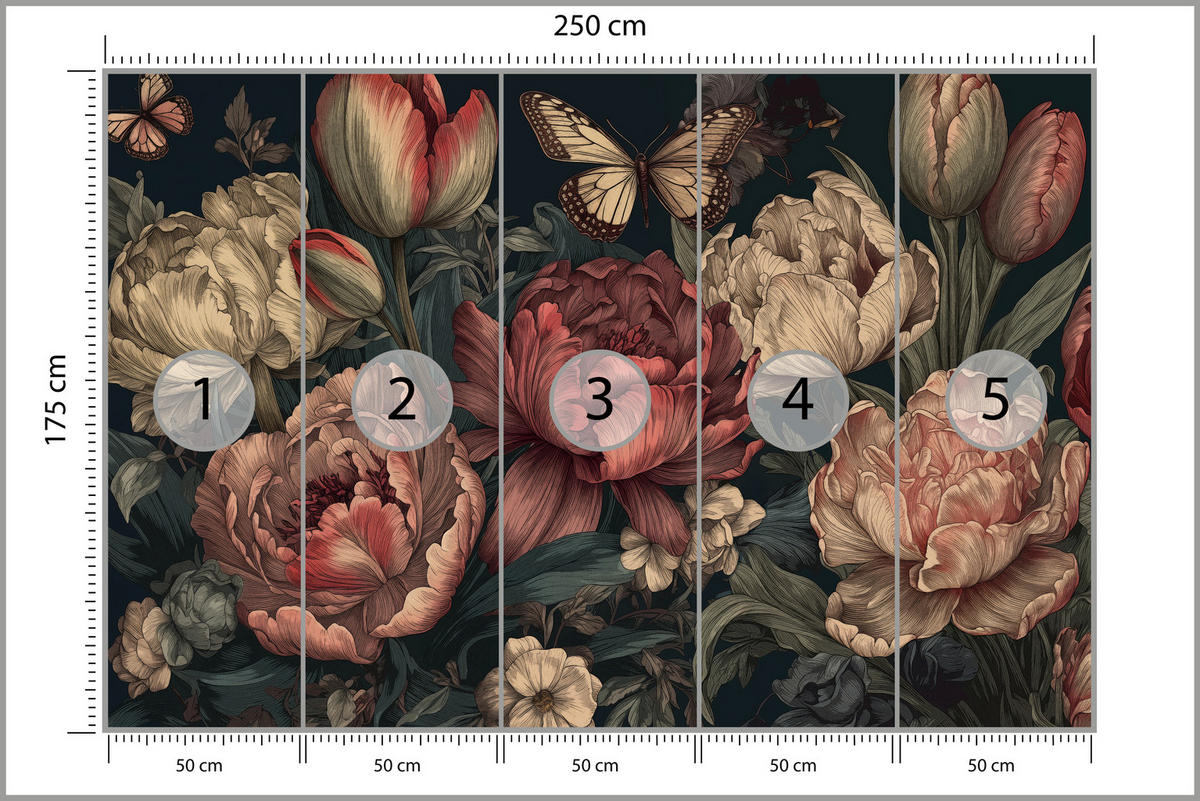 FOTOTAPETE für Schlafzimmer Pfingstrosen Tulpen Vintage Blumen Rosa Natur 250x175 - Gelb/Beige, Papier (250/175cm) - Muralo