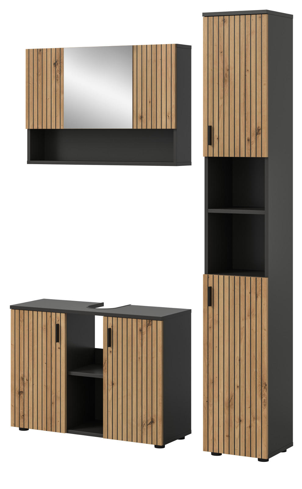 BADMÖBEL-SET Eiche, grau mit Rillen, Kombination 3-teilig 125 cm, Livia - Schwarz/Eiche Artisan, Glas/Holzwerkstoff (125/192/30cm) - Inn.Furn
