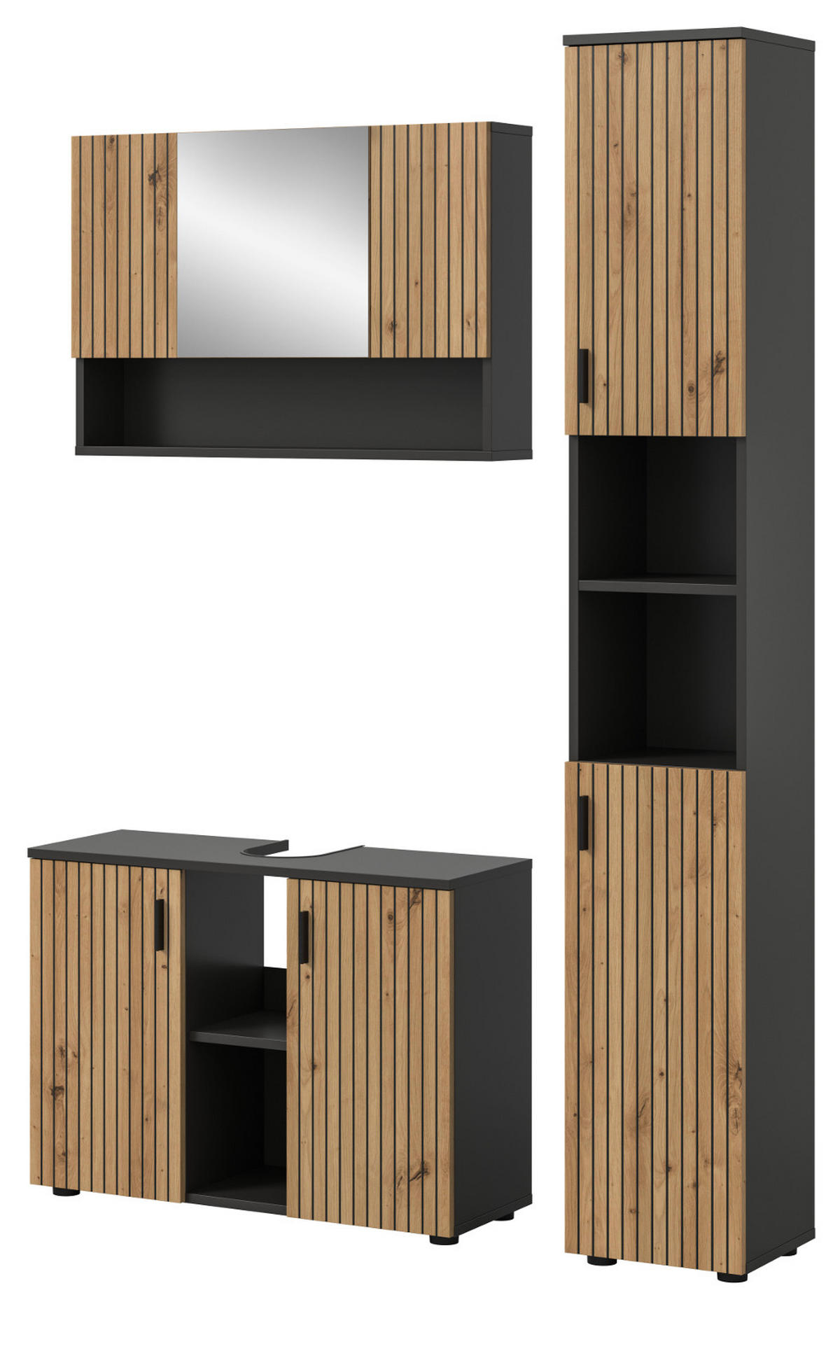 BADMÖBEL-SET Eiche, grau mit Rillen, Kombination 3-teilig 125 cm, Livia - Schwarz/Eiche Artisan, Glas/Holzwerkstoff (125/192/30cm) - Inn.Furn
