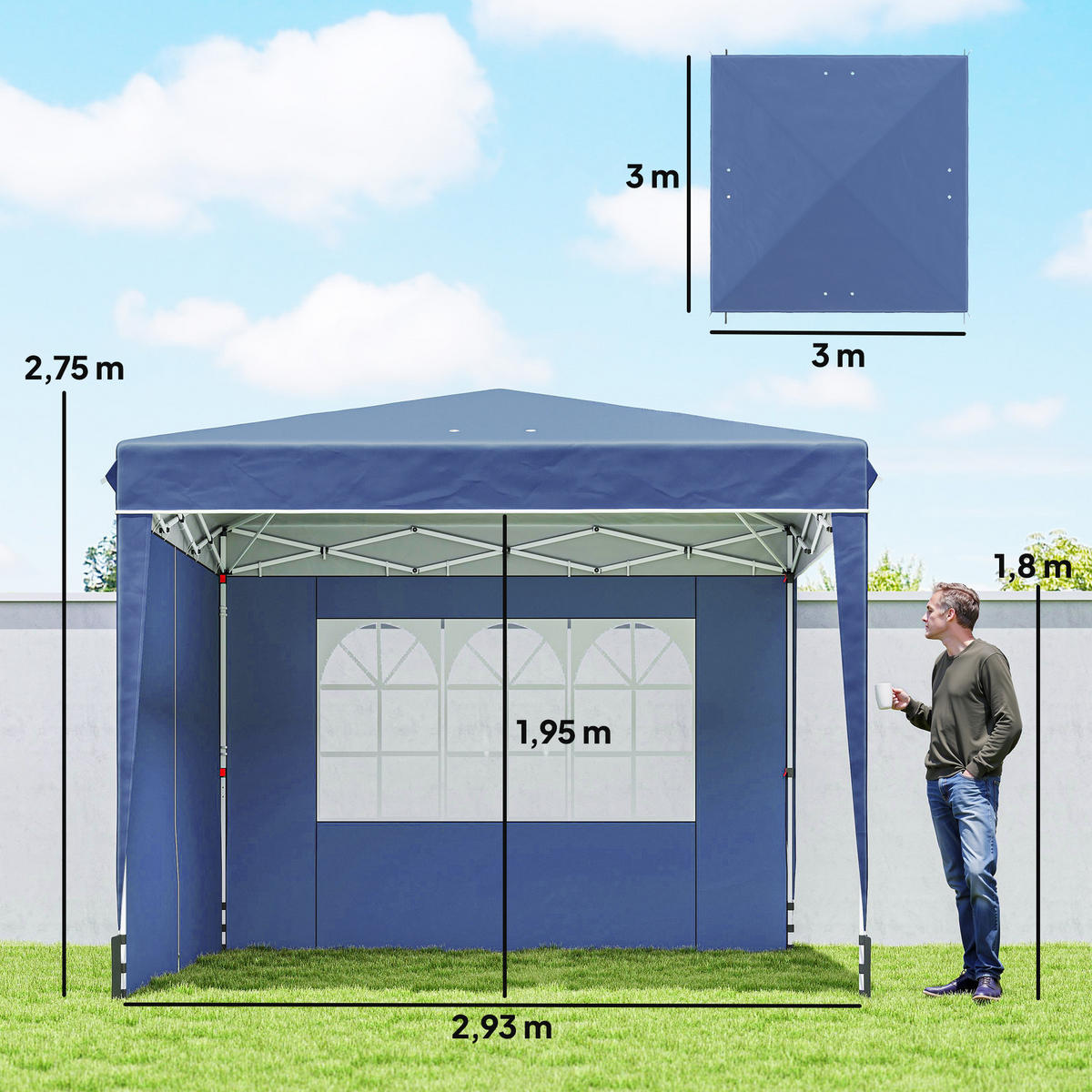 PAVILLON 3 x3 m Wasserdicht höhenverstellbar Pop-up Faltpavillon Dunkelblau - Weiß/Dunkelblau, Textil/Metall (300/275/300cm) - Outsunny
