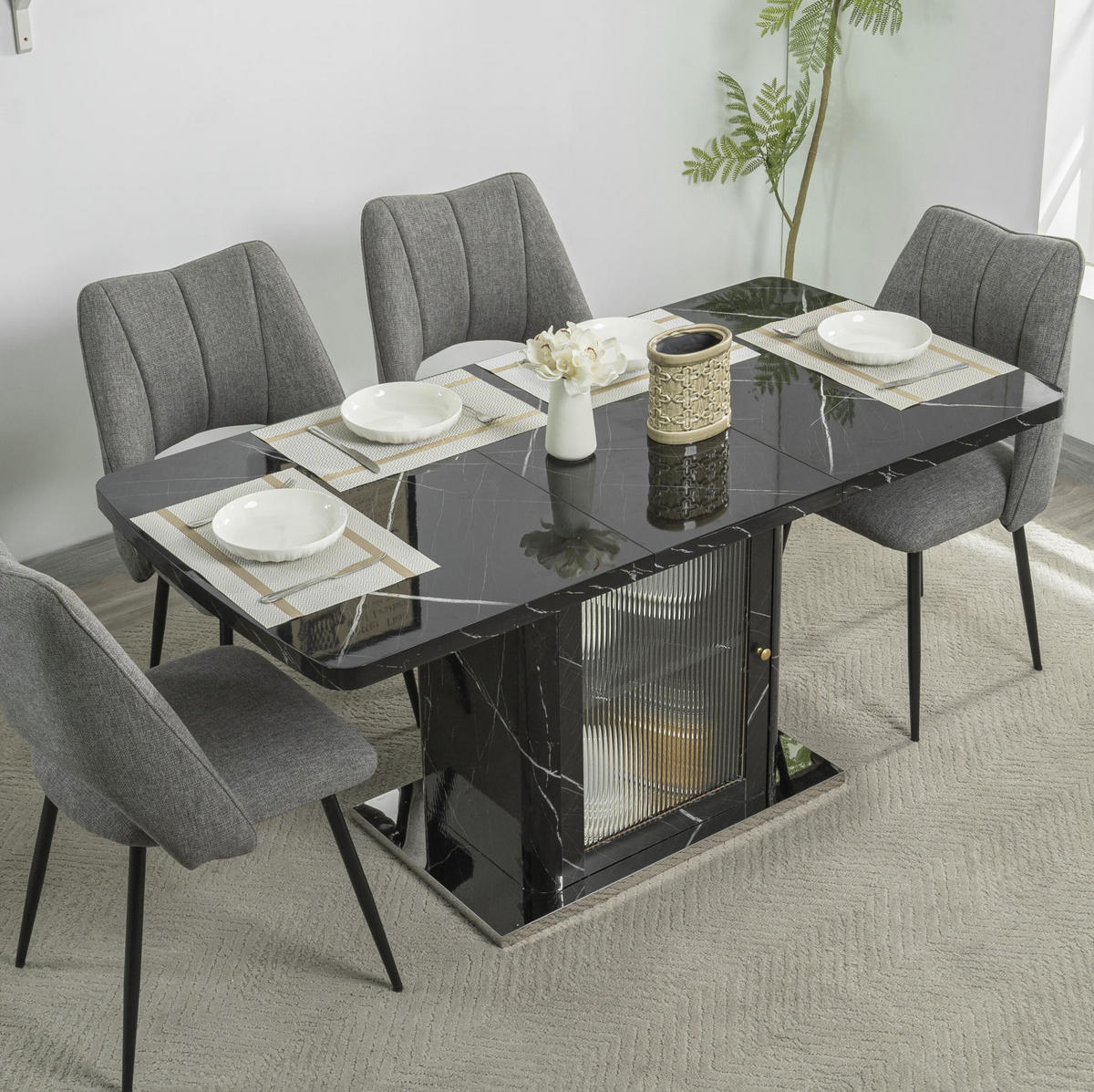 BLAGOVAONSKI stol 120-160/80/76 cm crni od MDF-a i čelika s razvlačivom pločom i ormarićem - crna, staklo (160/80/76cm) - OKWISH