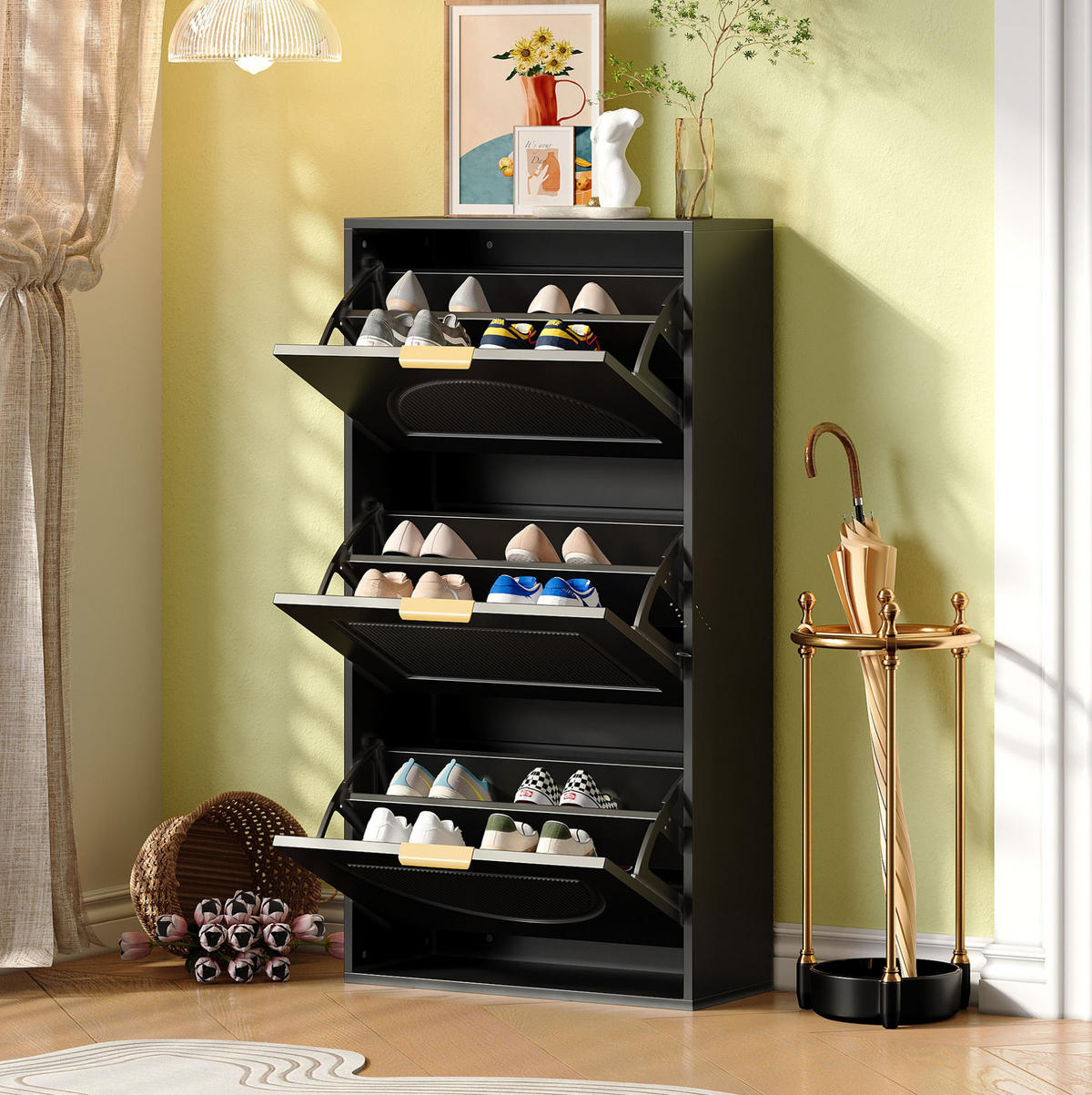 SCHUHSCHRANK 60/24/114 cm mit 3 Klappen und Kippsicherung, platzsparend aus MDF und Spanplatte, Schwarz - Schwarz, Holzwerkstoff (60/114/24cm) - Redom