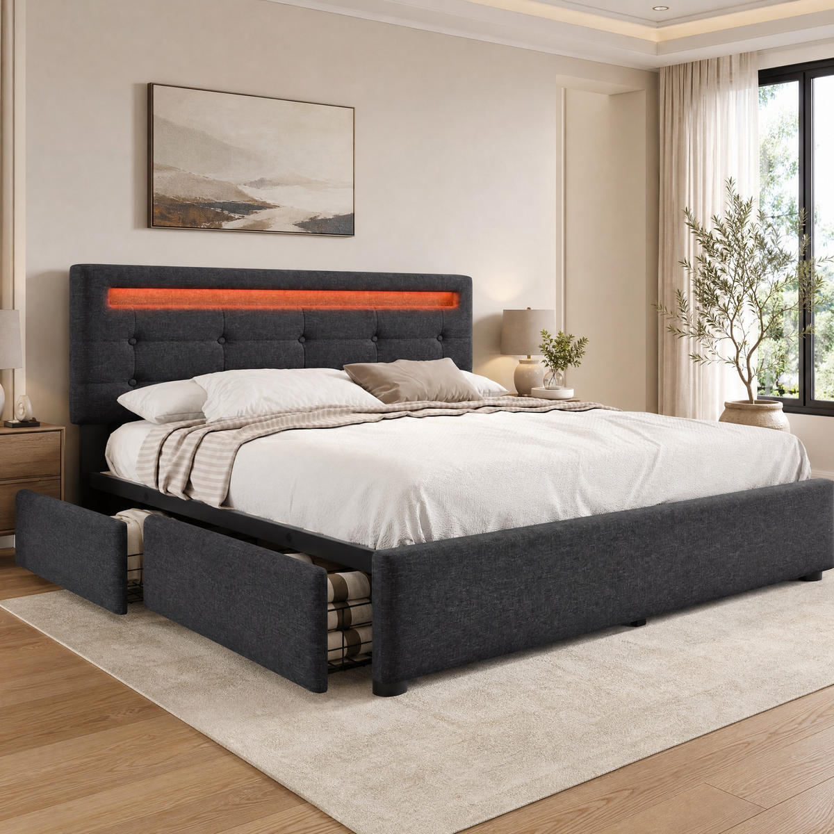 POLSTERBETT 140/200 cm in Grau Leinen mit 4 Schubladen, LED und verstellbarem Kopfteil - Grau, Holzwerkstoff/Textil (140/200cm) - STILVORA