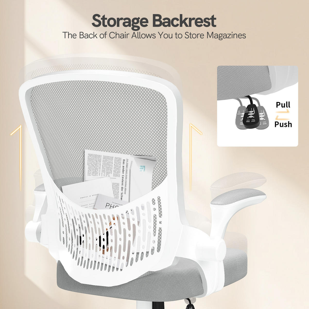 BÜROSTUHL Weiß-Grau ergonomisch mit Aufbewahrung Mesh - Grau, Metall (26/51/51cm) - Rattrix