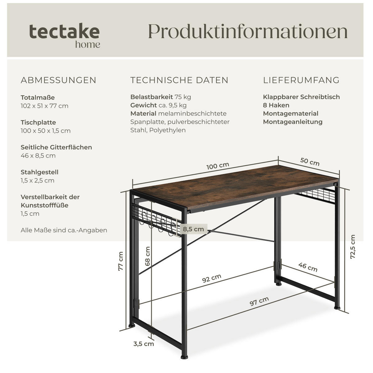 SCHREIBTISCH Paterson,102 x 51 x 77 cm,Industrial Holz dunkel, rustikal - Rostfarben, Holzwerkstoff (102/51/77cm) - tectake