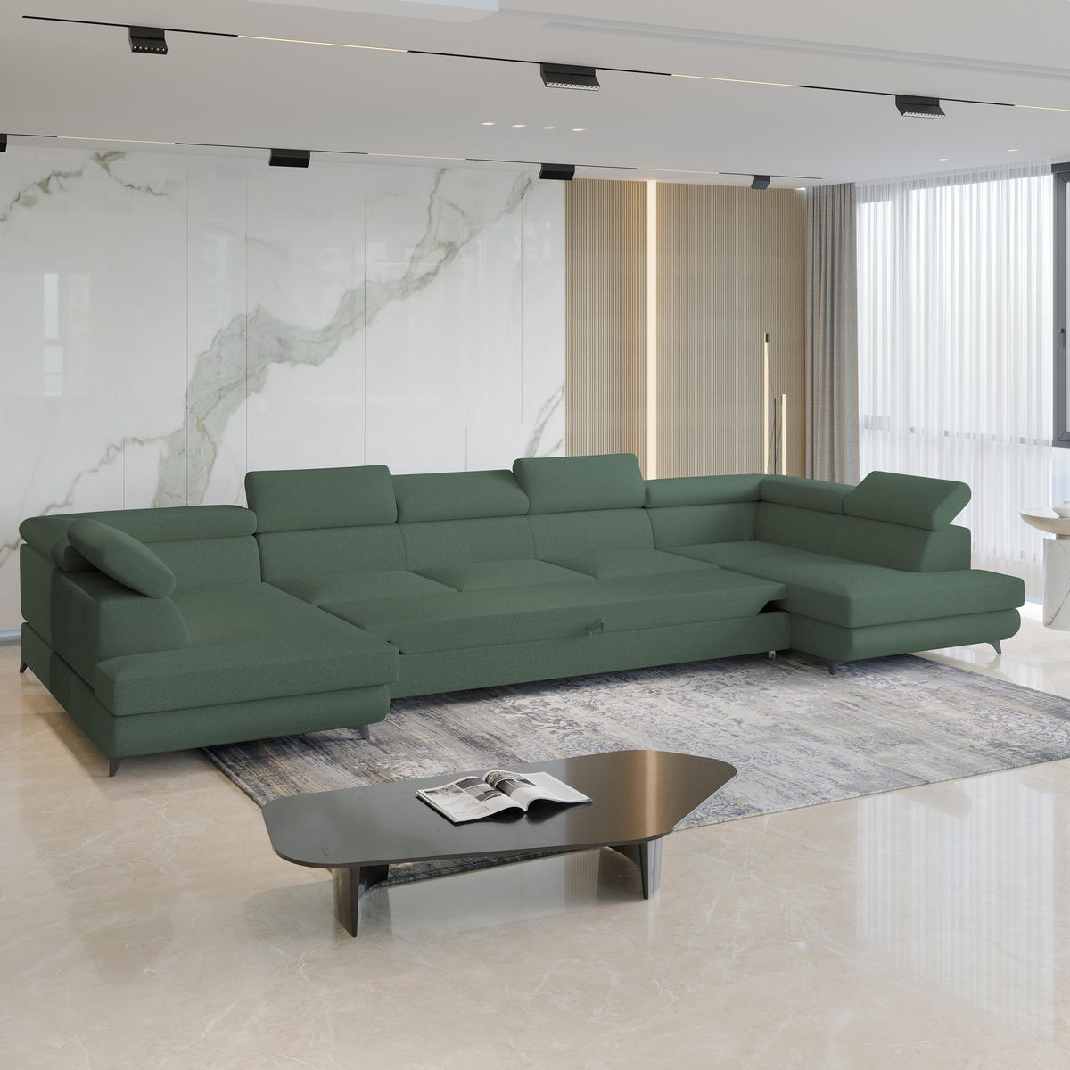 WOHNLANDSCHAFT URMANO Grün Boucle-Stoff mit Schlaffunktion - Grün, Holz (395/89/190cm) - MASSENO