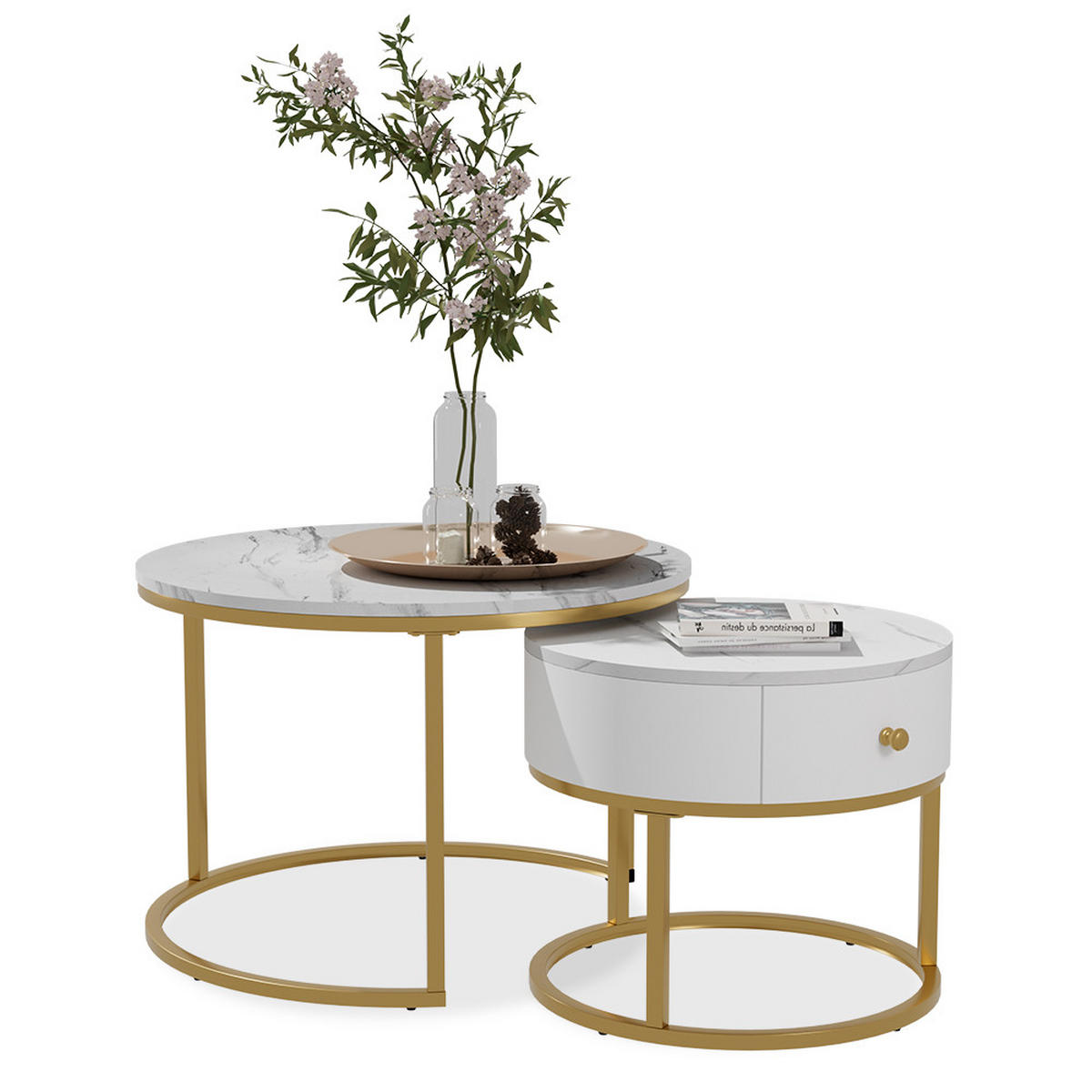 COUCHTISCH-SET Madrid Marmor Weiß 70 x 70 cm , kleiner Tisch mit Schublade - Weiß Hochglanz, Holzwerkstoff (70/70/48cm) - Vicco
