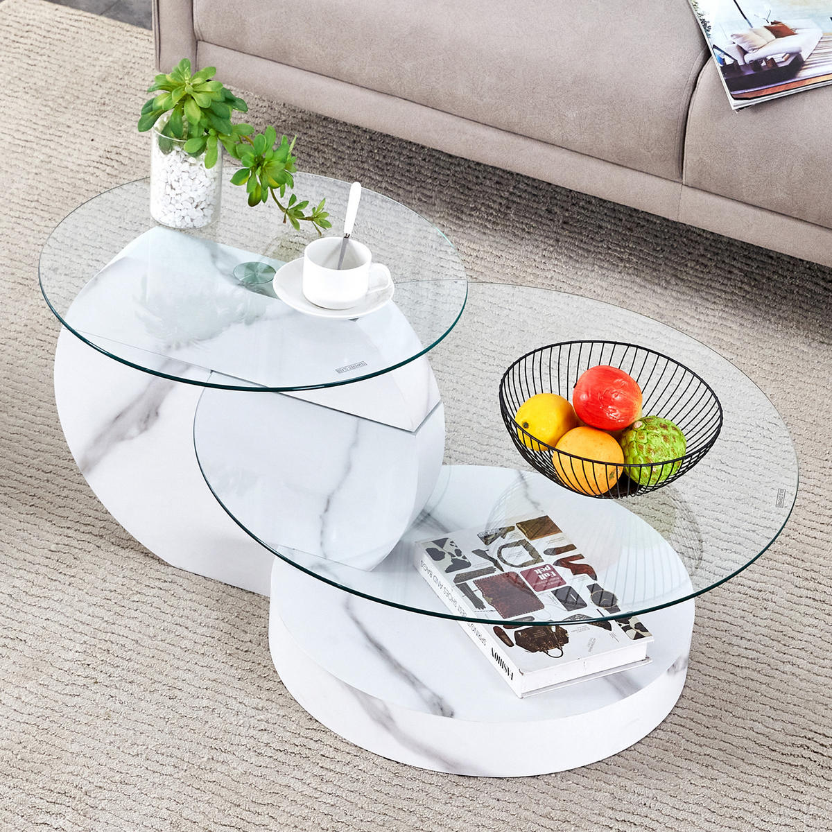 KONFERENČNÍ stolek z MDF a skla, průměr 50/70 cm, bílá/transparentní - bílá, kompozitní dřevo (90/70/44cm) - BEAOK