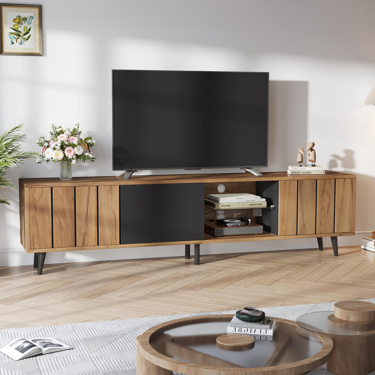 TV-SCHRANK 175x31cm Lowboard 3 Schränke Naturholz & Schwarz bis 75 Zoll - Braun, Holz (41.91/21.01/104.78cm) - FLIEKS