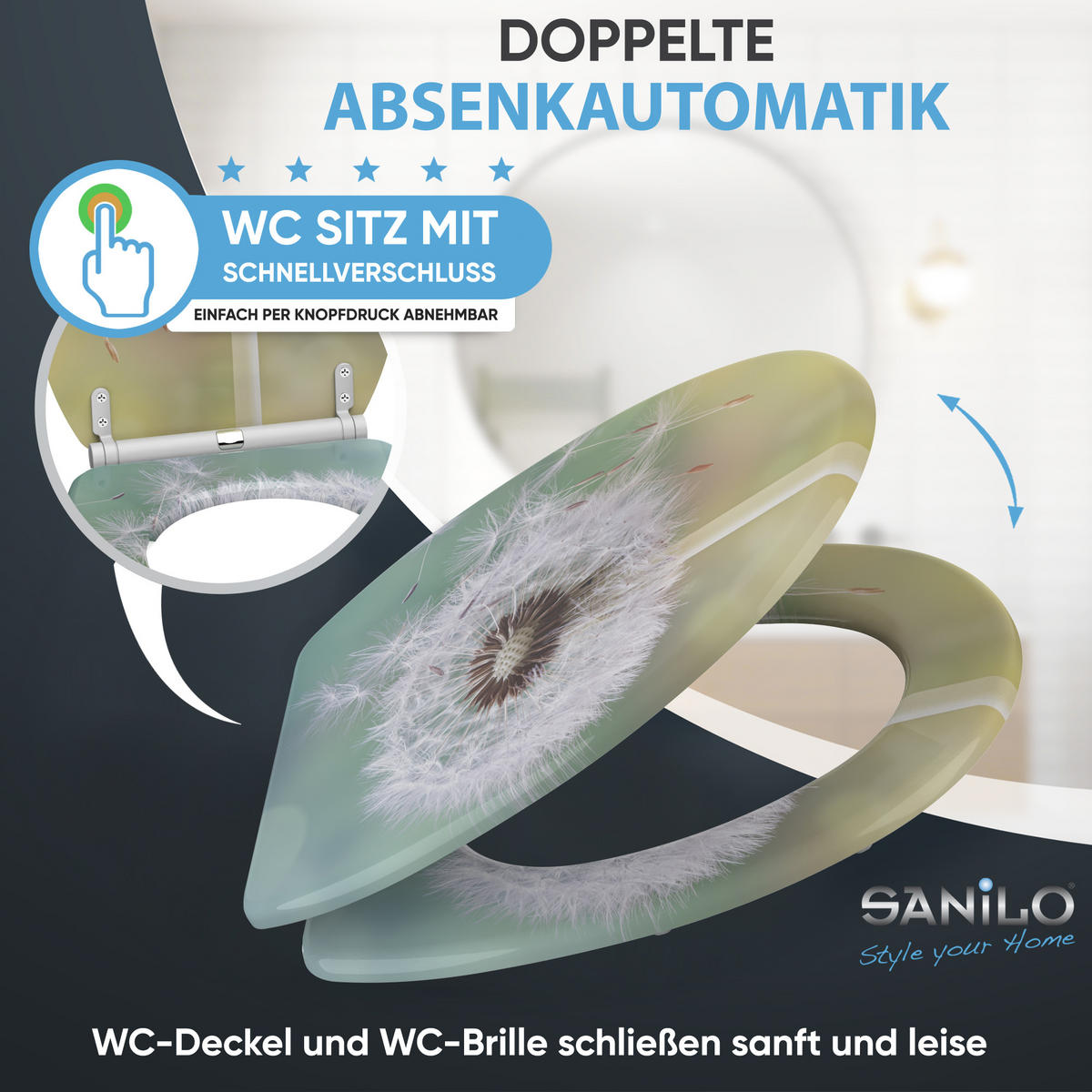 WC-SITZ mit Absenkautomatik & Top Fix Pusteblume - Türkis, Holzwerkstoff (37.7/5.5/48cm) - Sanilo