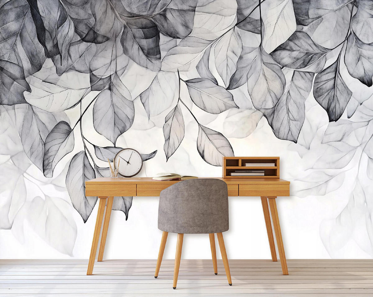 FOTOTAPETE Blätter Grau Natur Wohnzimmer Vlies Tapete 300x210 - Grau, Papier (300/210cm) - Wallarena