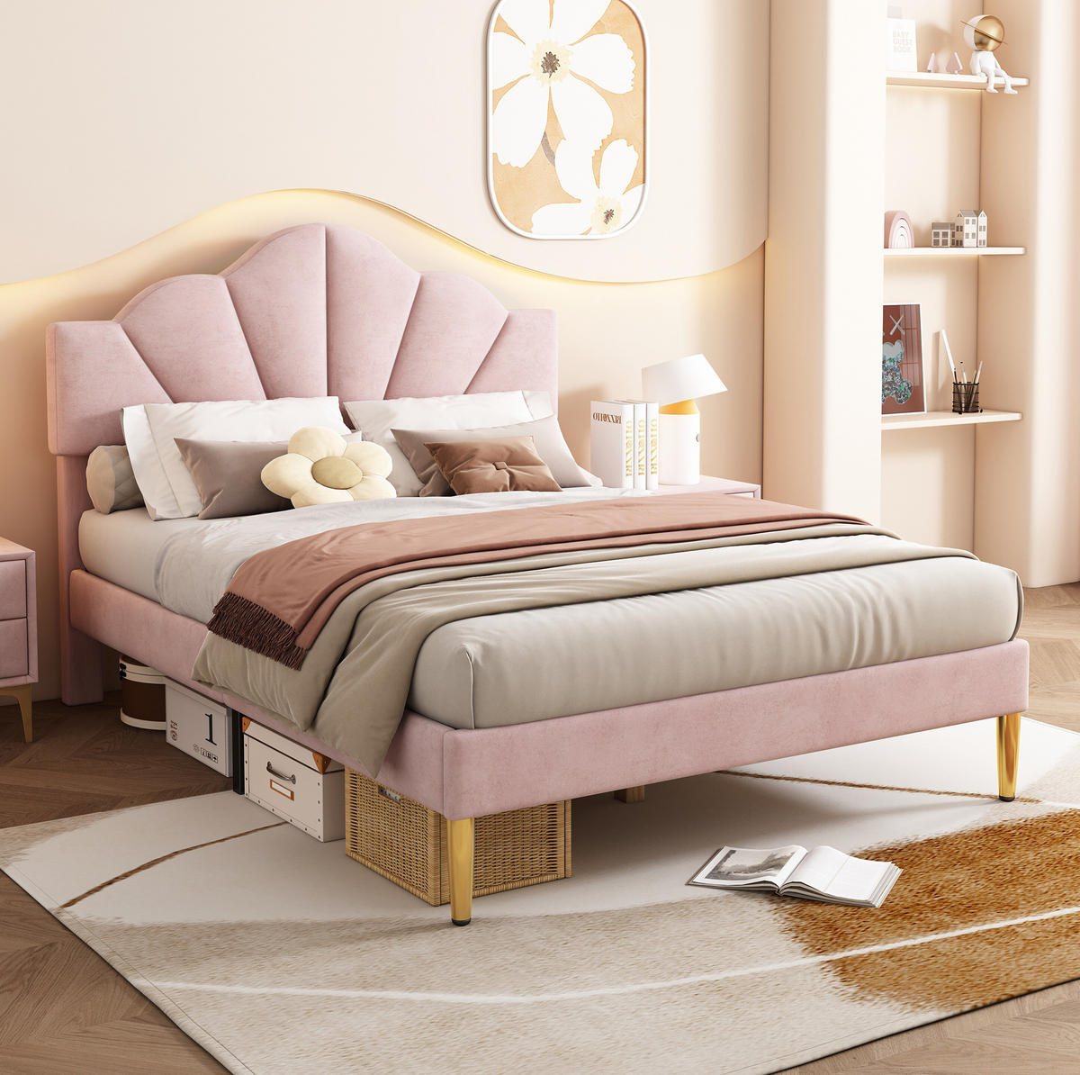 KINDERBETT 140/190 cm aus Samt in Rosa mit verstellbarem Kopfteil - Rosa, Textil (140/190cm) - Flora Grace