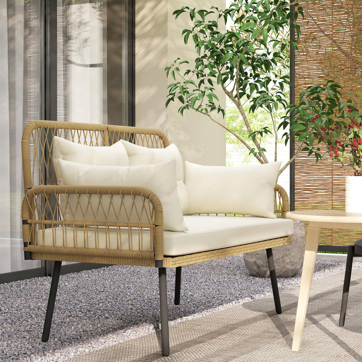 RATTANSOFA 2-Sitzer mit Auflagen Weiß 115/61/82 cm - Beige/Schwarz, Textil/Metall - Outsunny