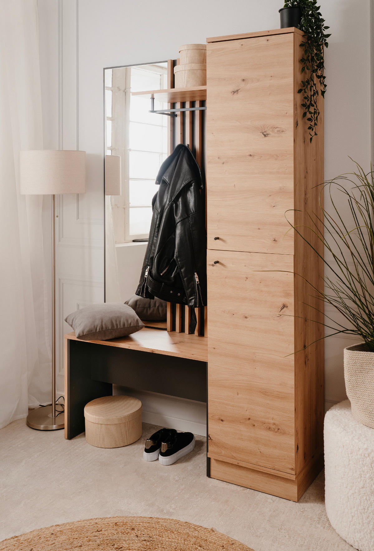 GARDEROBE Eiche Artisan, grau 122 cm, Kompaktgarderobe mit Spiegel - Anthrazit/Schwarz, Holzwerkstoff/Kunststoff (122/190/37cm) - Furn.Design